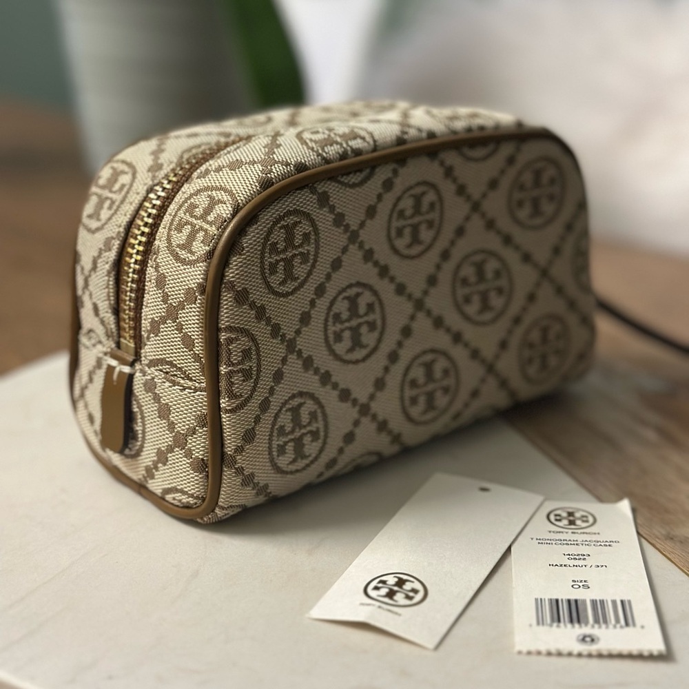 NWT! NEW! Tory Burch T Monogram Jacquard Cosmetic Pouch hazelnut women - Picture 3 of 6